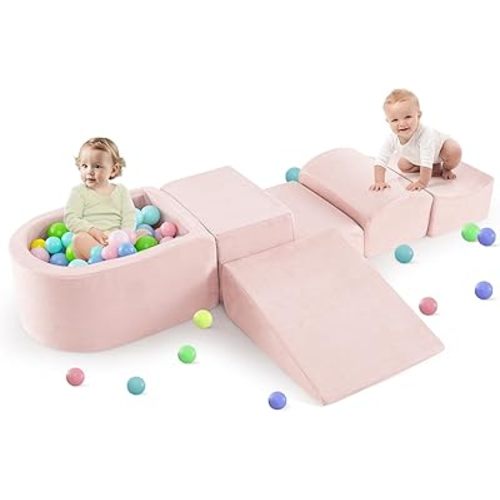 INFANS Climbing Toys for Toddlers, Foam Climbing Blocks and Ball Pit for Baby, 5pc Kids Climb and Crawl Block Activity Structure Play Set, Indoor Foam Play Gym for Crawling and Sliding (Pink)