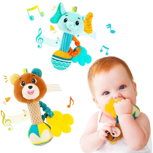 Baby rattles 0-6 months, Set of 2 rattles for babies 0-6 months, Soft Stuffed Animal Rattle Hand Grip Baby Toys, baby rattle Shaker Crinkle Squeaky Sensory Travel Accessories for 0 3 6 9 12 Months old
