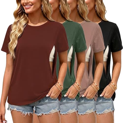 Ecavus Women's 3-Pack Nursing Shirts for Breastfeeding with Hidden Zippers Loose Fit Maternity Tops