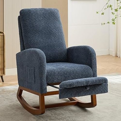 Nursery Rocking Chair with Foot Rest, Boucle Upholstered Glider Chair with Side Pocket, Comfy Rocker Accent Armchair, Modern High Back Rocking Chairs for Living Room, Bedroom, Navy