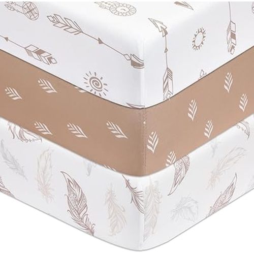 Baby Crib Sheets for Boys and Girls, 3 Pack Toddler Bed Sheets for 52”x28” Standard Toddler Mattresses, Soft Microfiber Fitted Crib Sheets Neutral Brown Feather