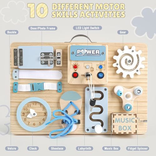 Amazon.com: Joyreal Wooden Montessori Busy Board with Music Box for Toddlers | Blue Color 12 Motor Skill Sensory Activity Board, Screen-Free Play, Educational Travel Toys, Birthday Christmas Gift for Kids : Toys & Games