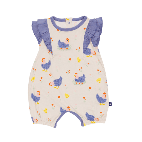 Larkspur Baby | Ruffle Shorty Romper in Chick and Cluck