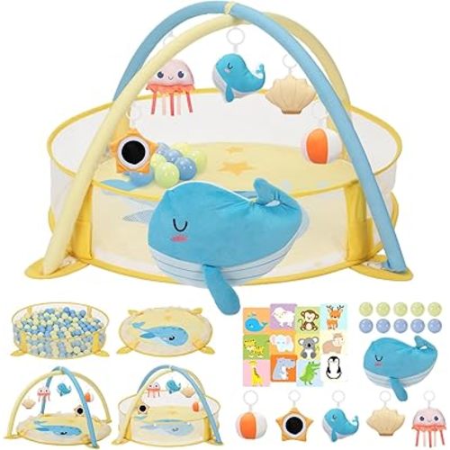 7-in-1 XL Large Baby Play Gym Mat, Tummy Time Mat, Baby Gym & Ball Pit, Baby Activity Mat with Milestone Cards & 6 Detachable Toys for Sensory Motor Skill, Whale