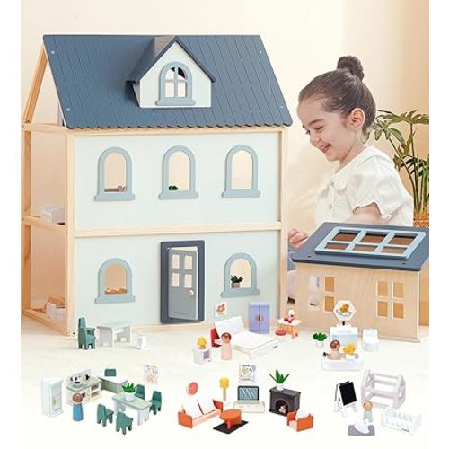 PairPear Large Wooden Dollhouse, 3 Story Play House with 64 Pieces Furniture Accessories & Garage, Pretend Play Family Dollhouse Gift for Kids 3+