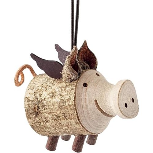 Forest Decor Wooden Rustic Ornaments for Christmas Tree - Handcrafted Hanging Decor with Hang Tie - Natural Wood Nativity Scene Decorations for Xmas, Holiday & Party (Flying Pig, 1)
