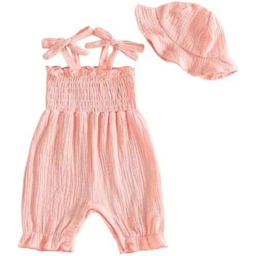 Mubineo Baby Girl Summer Clothes Cute Cotton Linen Romper Jumpsuit Sleeveless Smocked Rompers Sun Hat Comfy Boho Outfits