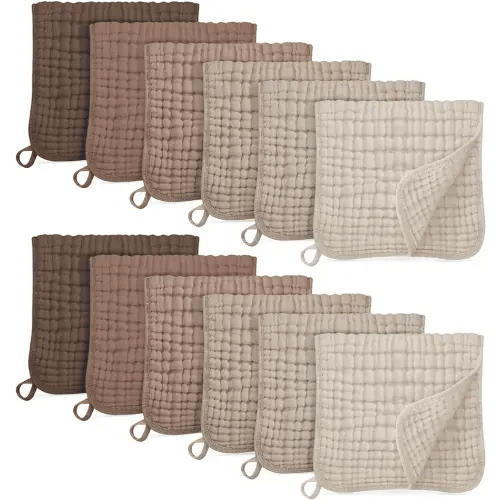 Unnivoll Muslin Burp Cloths for Baby 100% Cotton Burping Cloths for Boys Girls Large 20''X10'' Extra Soft and Absorbent 12 Pack - Gradient Coffee