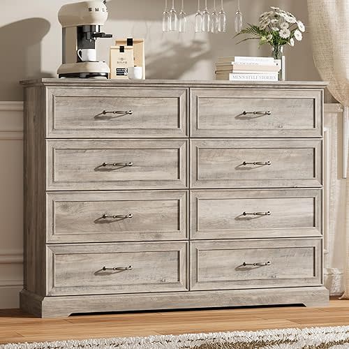 Grey Dresser 8 Drawer Dresser for Bedroom, 53" W Wood Chest of Drawers, Rustic Farmhouse Style with Large Drawers & Metal Handles, Modern Storage Organizer for Living Room, Hallway