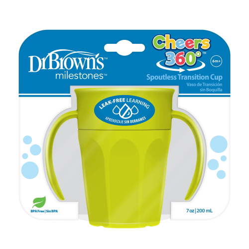 Dr. Brown's Milestones Cheers 360 Cup Spoutless Transition Cup with Handles for Easy Grip and Leak-Free Learning, Green, 7 oz/200 mL, 6m+