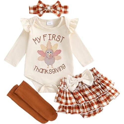 MoZiKQin My First Thanksgiving Baby Girl Outfit Turkey Romper Ruffle Layered Shorts Headband Socks Cute Fall Clothes