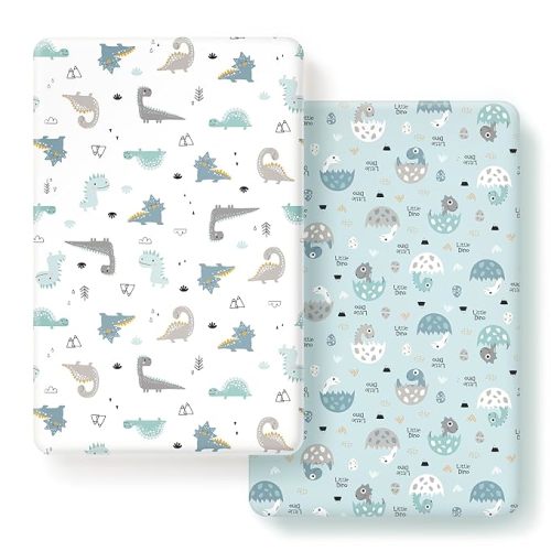 Stretchy Ultra Soft Jersey Knit Fitted Pack n Play Sheets Set 2 Pack, Portable/Mini Crib Sheets for Boys, Universal Fit for Pack N Plays Safe and Snug, Happy Dinosaurs for Baby