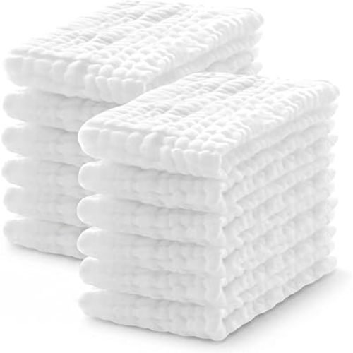 12 Pack Muslin Cotton Burp Cloths, Soft Absorbent Cloths for Spit Up, Washcloths for Sensitive Skin, Reusable Cloth Diapers 25cm x 50cm
