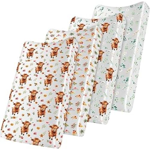 4 Pcs Highland Cow Fitted Standard Crib Sheet 52" x 28" Eucalyptus Leaf Changing Pad Cover for Baby Floral Boho Crib Sheets Western Cow Nursery Decor Neutral Flower Diaper Change Table Cover