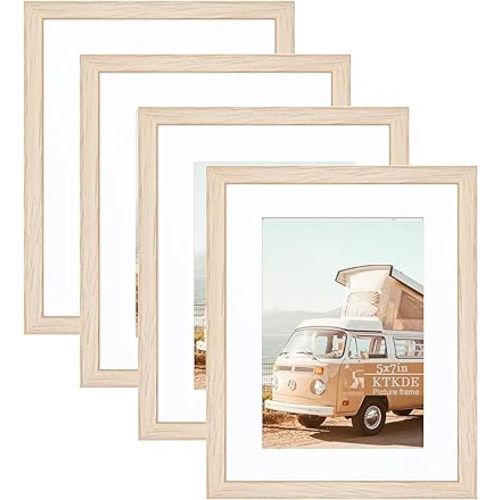KTKDE 5x7 Picture Frame with Mat for 4x6, Natural Wood Picture Frames Set of 4 Packs, Wood Frame High Definition Glass Frame, MDF Wood Frame Tabletop and Wall Mounting Horizontal or Vertical Display