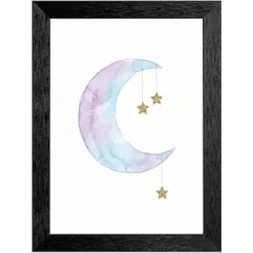 Framed Canvas Wall Art Whimsical Nursery Illustration Lavender and Blue Watercolor Crescent Moon Gold Glitter Stars Canvas Print Poster Black Frame Wall Decor for 12x16 Inch