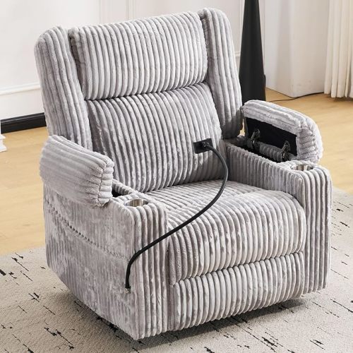 Oversized Power Recliner Chair with Massage and Heat,Swivel Rocker Recliner Chair for Adults with Arm Storage,Nursery Glider Recliner with Adjustable Headrest and Side Pockets,Phone Stand,Light Grey