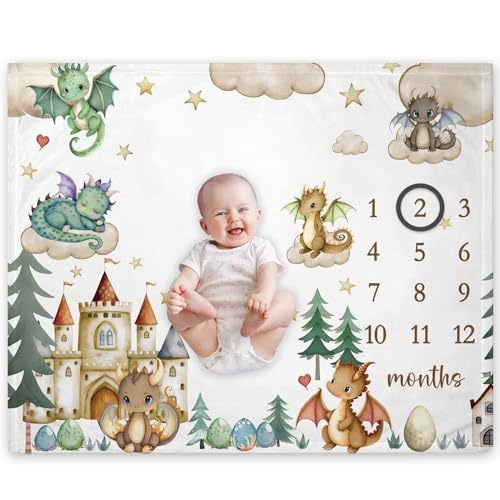 Yuzioey Dragon Milestone Blanket, Green Flannel Boy Baby Growth Chart Blanket, 50"x40", Watch Me Grow Dragon Baby Boy Nursery Blanket