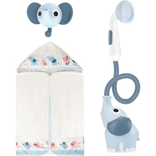 Yookidoo Baby Bath Elephant Shower Head Gift Set - Includes Hooded Towel & Hanger - Control Water from 2 Elephant Trunk Knobs for Max Fun in Tub or Sink Newborns, Toddlers, Boys, Girls (Cloudy Blue)