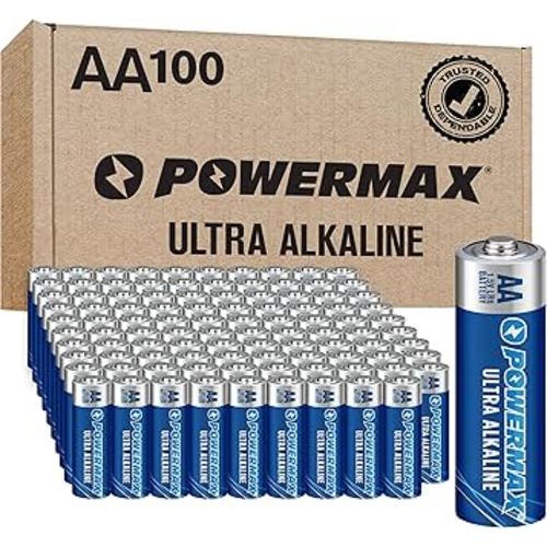 Powermax 100-Count Double AA Batteries, Ultra Long Lasting Alkaline Battery for Home and Office, 10-Year Shelf Life, Reclosable Packaging