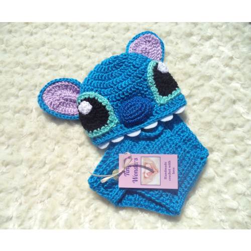 Crochet Stitch Diaper Cover Set,Lilo & Stitch inspired Hat, Newborn Photo Prop, Halloween Baby Outfit, Newborn Photo Prop,Baby Costume