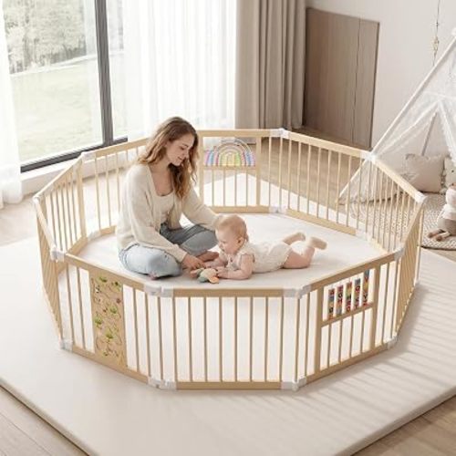 BLEKOO Portable Wooden Baby Playpen with Gate - Foldable 10-sided Activity Center, Adjustable Indoor Play Yard for Infants & Toddlers, Expands to 56" x 83" x 24" Safety Fence