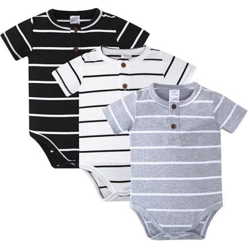 ROMPERINBOX Newborn Onsies Boy 3 Pack Rib Knit Baby Bodysuit Solid Color Striped Short Sleeve Summer Baby Clothes