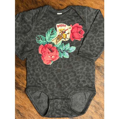 Vintage Rodeo Poster & Roses on Long Sleeve Black Leopard Onesie, Size 12 mons.