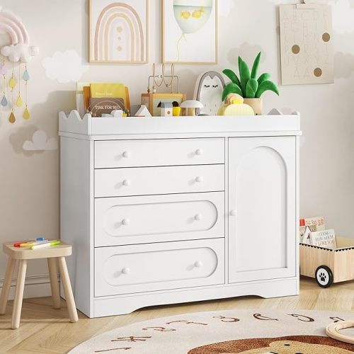 Vabches White Baby Dresser with Changing Table Top, Kids Chest of Drawers with 4 Drawers and 1 Large Cabinet for Nursery and Kids Bedroom, Modern