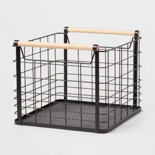 Large Wire Natural Wood Handles Milk Crate Black - Brightroom™: Powder-Coated Metal Storage Basket with Handles