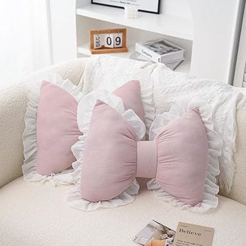 Set of 2 Bow Shaped Throw Pillow Soft Bowknot Decorative Pillows Cute Car Lumbar Pillows Novelty Bow Pillow for Sofa Couch Bed Living Room Bedroom