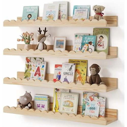 Nursery Book Shelves, 4-Pack Wood Floating Shelves for Wall Kids, Scalloped Shelves, Wall Book Shelves for Bedroom Kids, Toddler Room, Baby Room, Nursery Decor (Wood, 23 Inches)