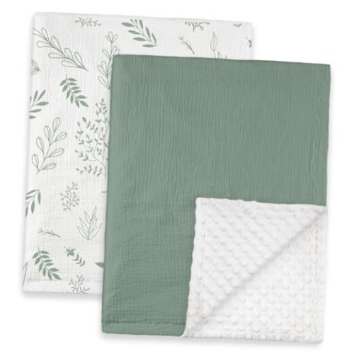 Blankets for Unisex Boys Girls Muslin Cotton Front Soft 2-Pack Greenery&white