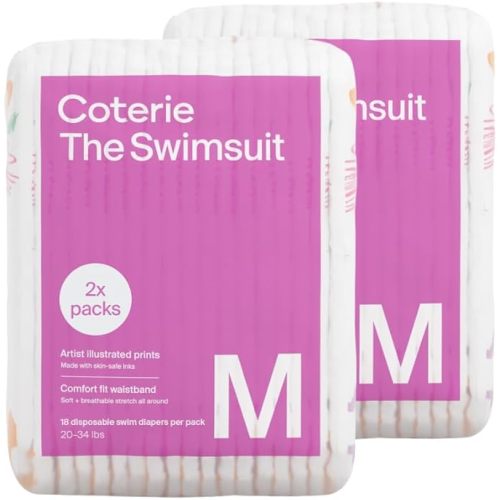 Coterie Baby Swim Diapers, Size Medium (20-34 lbs), 2-Pack (36 Total Diapers) | Disposable Water Diapers for Pool & Beach | Hypoallergenic, No-Swell Design for Sensitive Skin