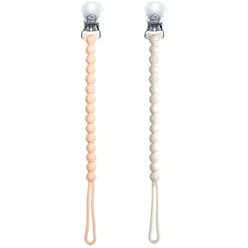 RaZbaby Silicone Pacifier Holder 2 Pack, RaZzies Durable Textured Lanyard Fits Most Pacis Toys, 100% Soft BPA-Free Silicone, Attachable Clasp, Universal Fit, Lightweight – Pink/White