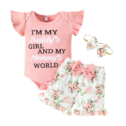 FIOMVA Baby Girl Summer Clothes Solid Onesie Ribbed Romper+Bloomer Shorts+Headband 3Piece Shorts Set Newborn Infant Outfit