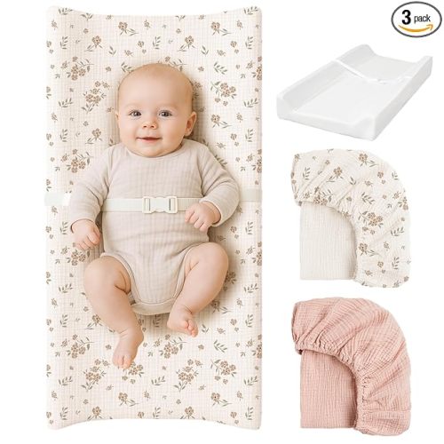 Konssy Muslin Changing Pad with Waterproof Lining Foam, Includes 2 Pack Soft & Cotton Cover, Baby Diaper Changing Pad for Dresser or Table, 32x16 inches (Blossom,Pink)