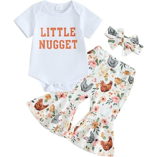 Gueuusu Infant Baby Girl Farm Outfit Little Nugget Bodysuit Chicken Floral Flare Pants Headband Newborn Coming Home Outfit