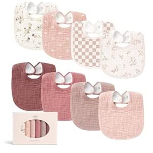 Konssy 8-Pack Muslin Baby Bibs, Adjustable Fit for Drooling and Teething