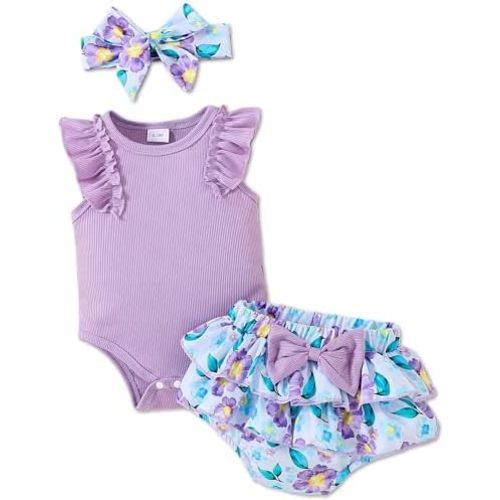 Newborn Baby Girl Clothes Infant Outfits Summer Shorts Set Floral Romper+Cute Baby Skirt +Headband
