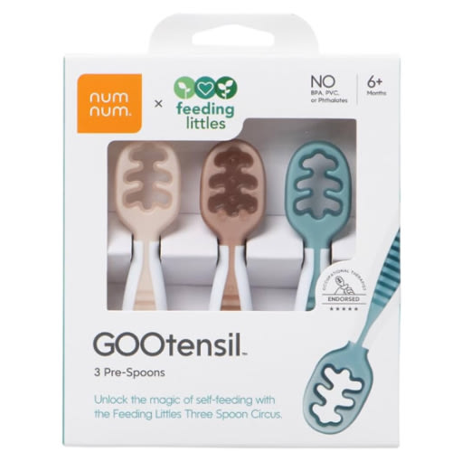 NumNum Baby Spoons Set, Feeding Littles x Silicone Pre-Spoon GOOtensils for Baby Led Weaning, Self-Feeding & Teething, First Stage Toddler Utensils for Ages 6+ Months, 3-Pack, BPA-Free (Neutrals)