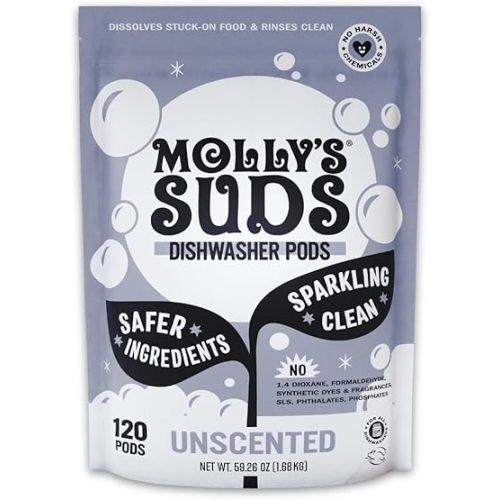 Molly's Suds Dishwasher Pods | Clean Dishwasher Detergent, Cuts Grease & Rinses Clean (Residue-Free) for Sparkling Dishes | 120 Auto-Release Tabs (Unscented)