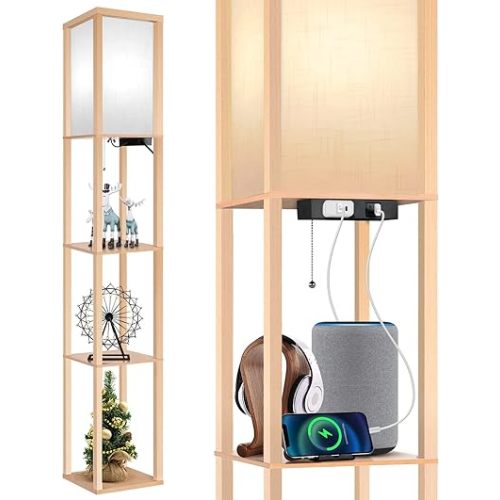 OUTON Floor Lamp with Shelves, LED Shelf Floor Lamp with 1 USB & 1 Type C Ports, 1 AC Outlet, 3 Color Temperature, Storage Display Wood Column Tall Standing Lamp for Living Room, Bedroom Office, Wood
