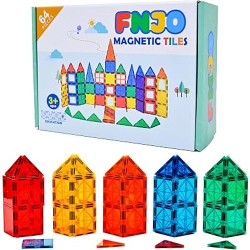 FNJO Magnetic Tiles, 64 PCS Magnetic Building Blocks, Magnets Building Set, STEM Toys for Kids Boys and Girls Creative and Inspirational