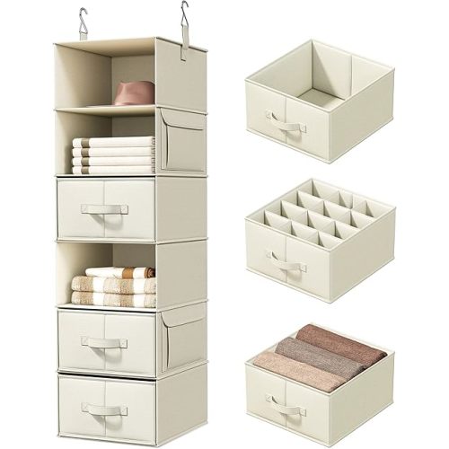 Vailando 6-Shelf Hanging Closet Organizer with 3 Drawers, 6-Shelf Inseparable Closet Organizers and Storage for Wardrobe Organization, Hanging Dresser for Nursury & Dorm Clothes Organizer, Beige