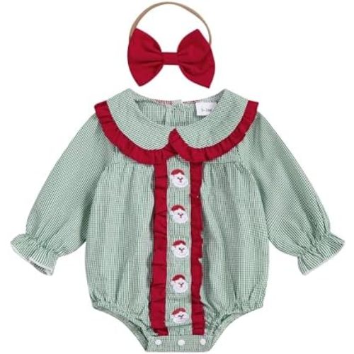 Baby Girl Christmas Outfit Smocked Clothes Santa Embroidery Bubble Plaid Romper Newborn Girl First Christmas Outfit