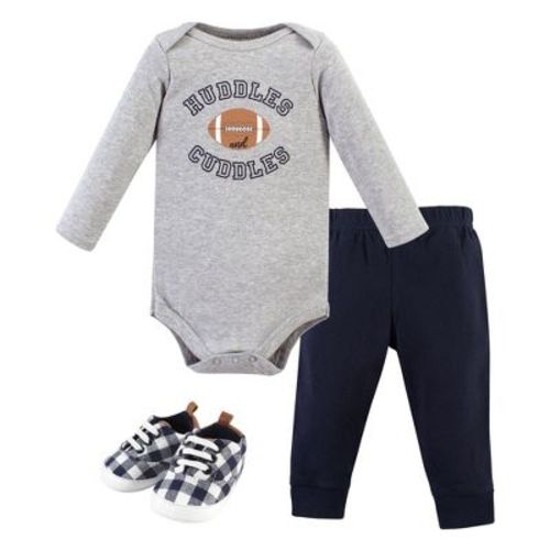 Hudson Baby Infant Boy Cotton Bodysuit, Pant and Shoe Set, Football Huddles Long Sleeve
