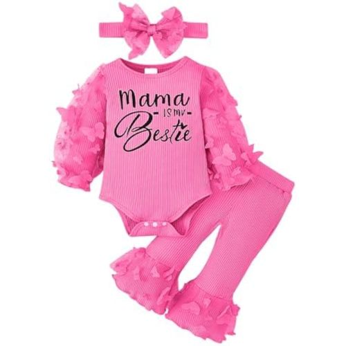 Baby Girl Clothes, Butterflies Romper Flare Pants Set, 0-18 Months