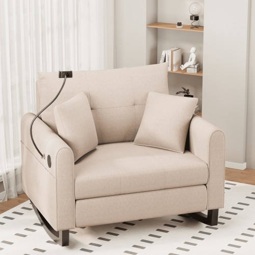 Upholstered Nursery Rocking Chair with Adjustable Phone Handle, High Back and Side Pocket USB Port, Double Wide Rocker Glider Chairs with Wood Legs for Living Room, Bedroom, Nursery, Beige