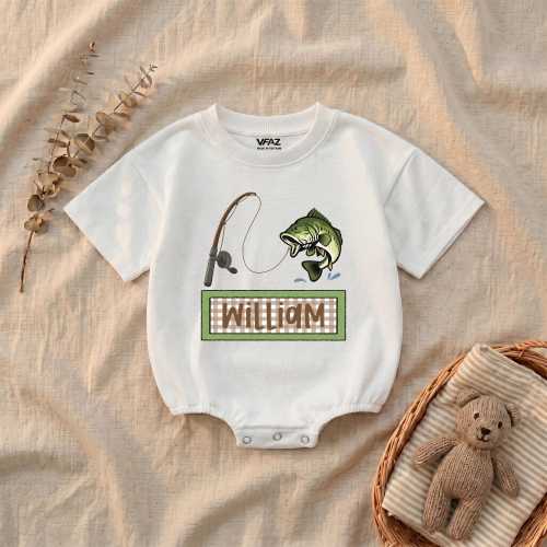 Personalized Fishing Bubble Romper For Boys, Custom Name Baby Boy Summer Outfit, Little Fisherman Baby Romper, Outdoor Baby Shower Gift